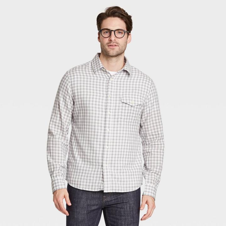 Men's Checked Standard Fit Double Weave Long Sleeve Button-down Shirt - Goodfellow & Co Gray