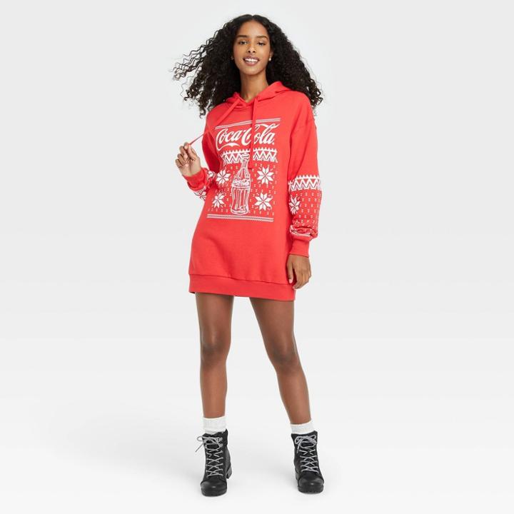 Women's Coca-cola Holiday Long Sleeve Hooded Graphic Sweatshirt Dress - Red
