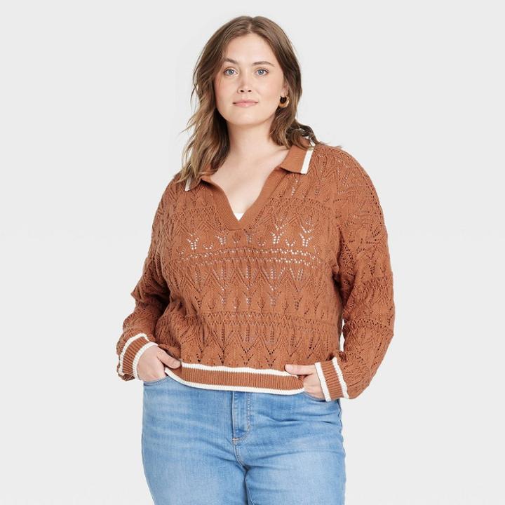 Women's Plus Size Collared Polo Pullover Sweater - Universal Thread Rust