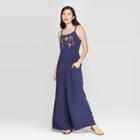 Women's Sleeveless Square Neck Wide Leg Jumpsuit With Embroidery - Knox Rose Navy