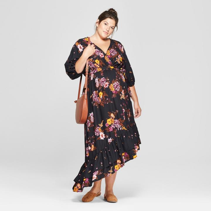 Maternity Plus Size Floral Print Mix Asymmetrical Hem Dress - Isabel Maternity By Ingrid & Isabel Black