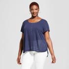 Women's Plus Size Striped Henley Short Sleeve Shirt - Universal Thread Red/blue
