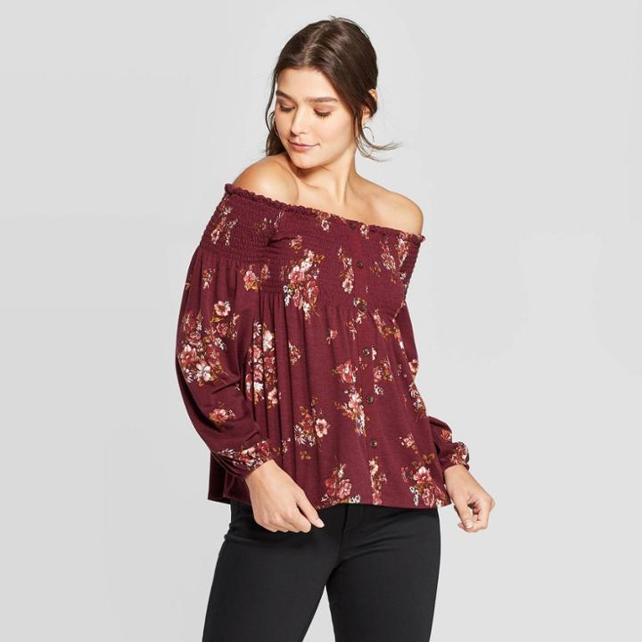 Women's Floral Print Long Sleeve Off The Shoulder Knit Top - Xhilaration Burgundy Xs, Women's, Purple