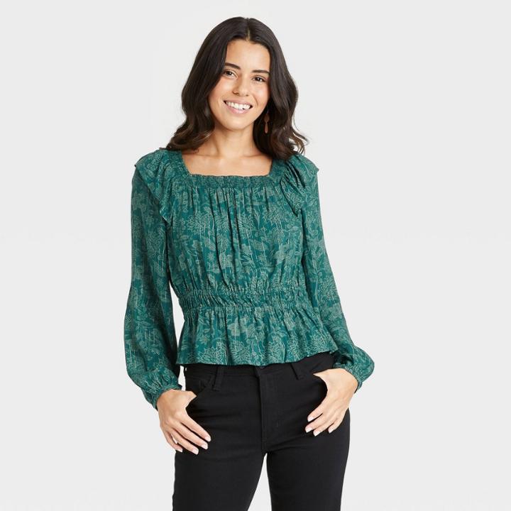 Women's Balloon Long Sleeve Peplum Blouse - Universal Thread Teal Green Floral