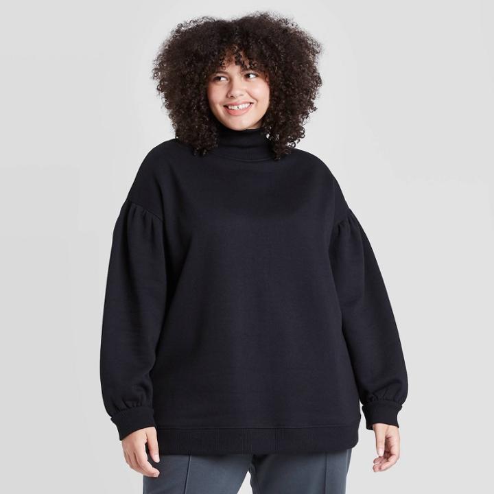Women's Plus Size Long Sleeve Mock Turtleneck T-shirt - A New Day Black