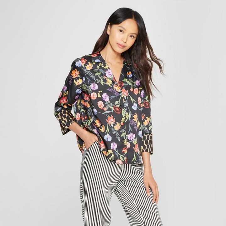 Women's Floral Print Long Sleeve Pajama Shirt Jacket - Who What Wear Black M, Black Floral