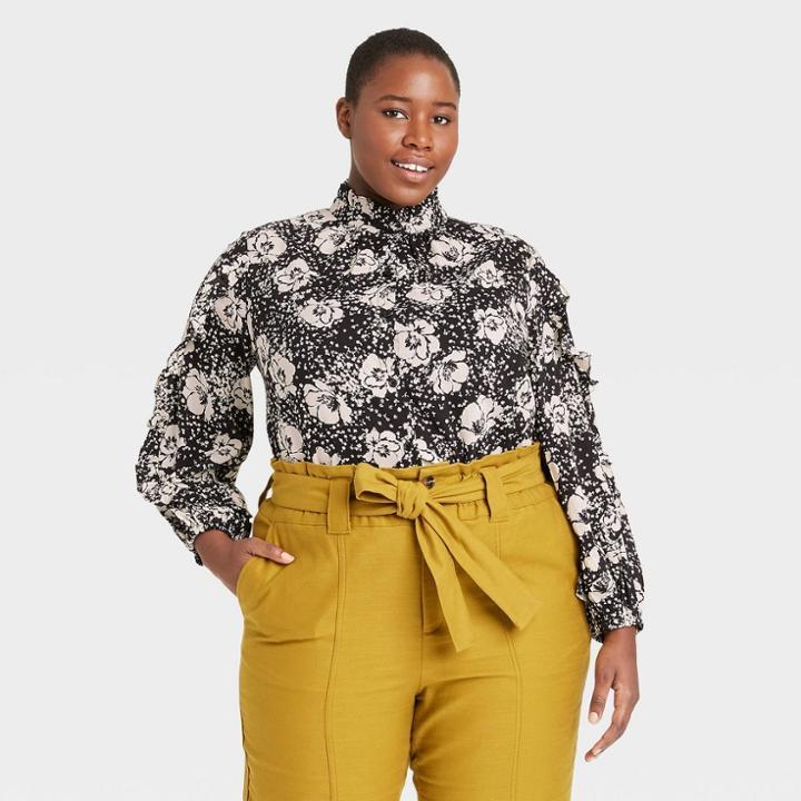 Women's Plus Size Floral Print Balloon Long Sleeve Cascade Ruffle Top - Who What Wear Black