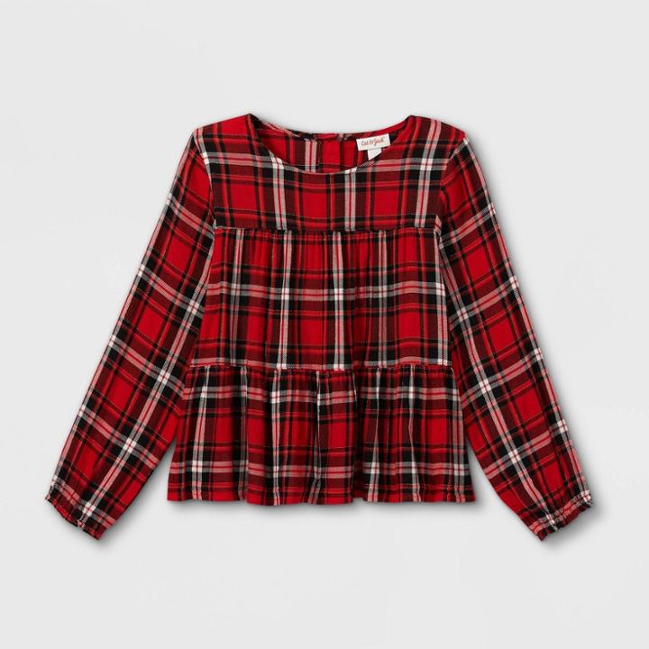 Girls' Woven Tiered Long Sleeve Top - Cat & Jack Red