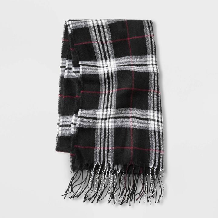 Men's Plaid Woven Scarf - Goodfellow & Co Black, Size: Small, Red Gray Black