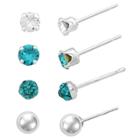Target Girls' Sterling Silver 4 Pr-crystal & Vall Stud Earring Set-3mm-turquoise/white