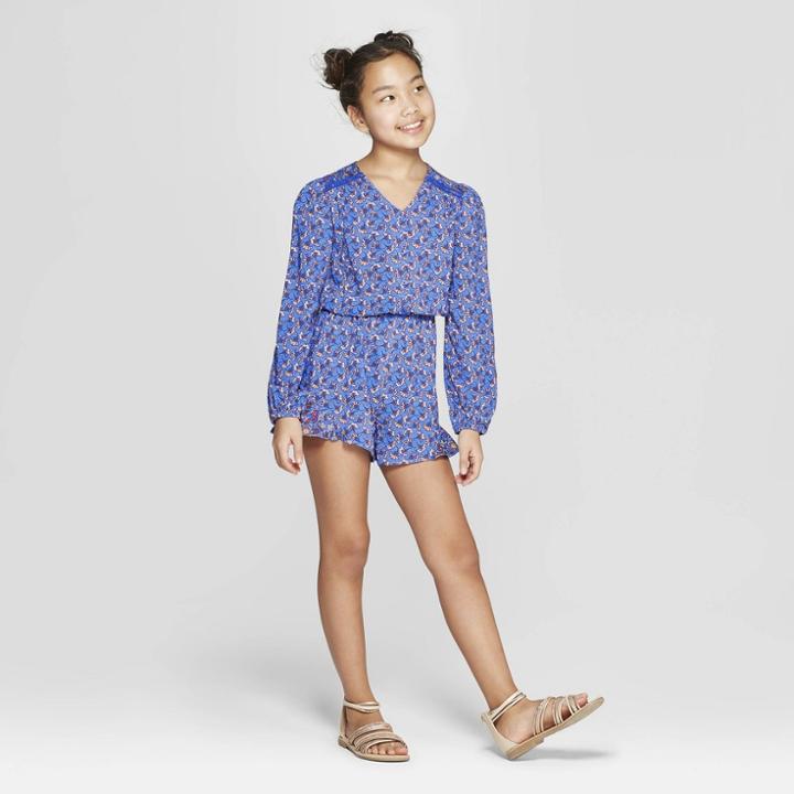 Girls' Long Sleeve Romper - Art Class Blue