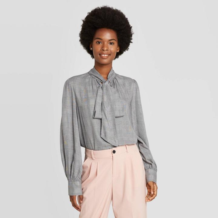 Women's Plaid Long Sleeve Tie-neck Blouse - A New Day Gray
