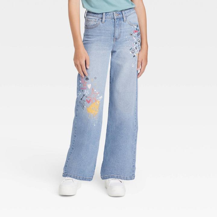 Girls' High-rise Wide Leg Jeans - Art Class Medium Wash Scribble Print 4, Medium Blue
