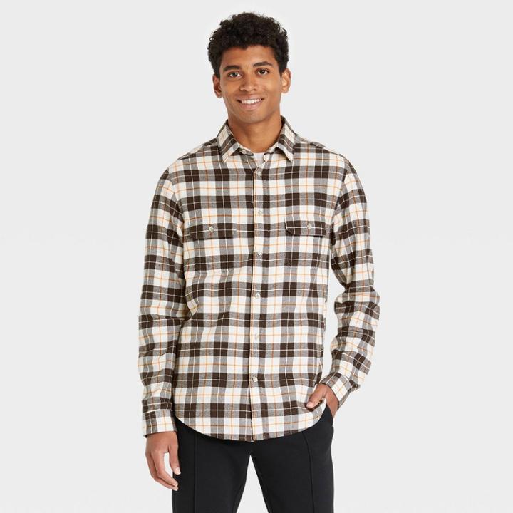 Men's Plaid Standard Fit Long Sleeve Button-down Shirt - Goodfellow & Co Chalk White/plaid