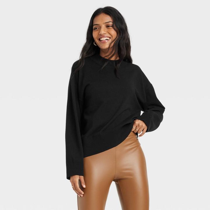 Women's Fine Gauge Crewneck Sweater - A New Day Black