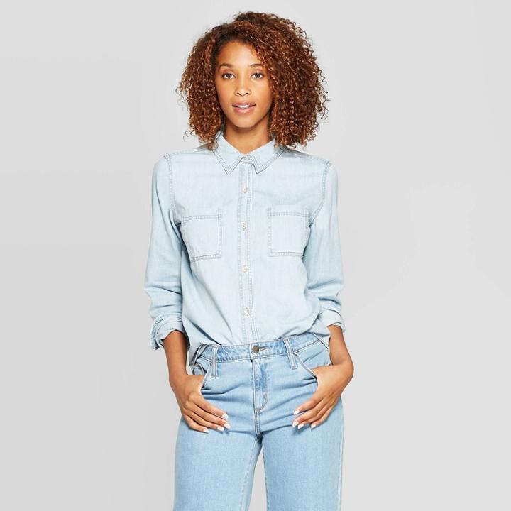 Women's Long Sleeve Collared Labette Denim Woven Shirt - Universal Thread Blue M,