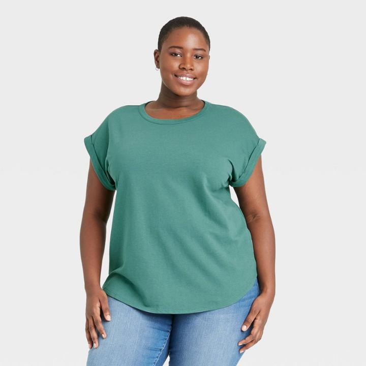 Women's Plus Size Striped Round Neck Cuffed T-shirt - Ava & Viv Dark Green X