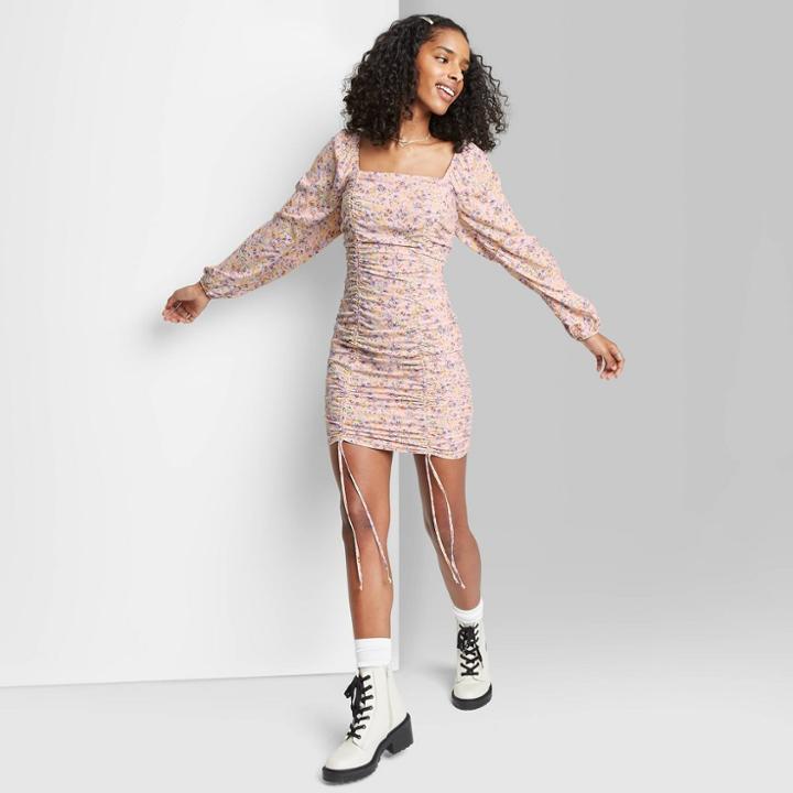 Women's Puff Long Sleeve Double Ruched Dress - Wild Fable Blush Pink Floral