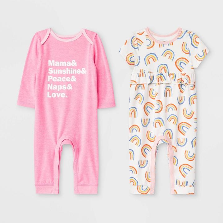 Baby Girls' 2pk Rompers - Cat & Jack Pink/white Newborn, Girl's
