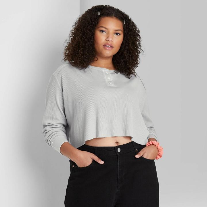 Women's Plus Size Long Sleeve Boxy Waffle Henley T-shirt - Wild Fable Light Gray