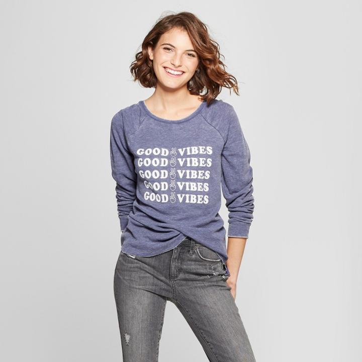 Women's Long Sleeve Good Vibes Thermal Graphic T-shirt - Grayson Threads (juniors') Blue