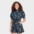 Women's Floral Print Puff Elbow Sleeve Ruffle Detail Top - Who What Wear Jet Black