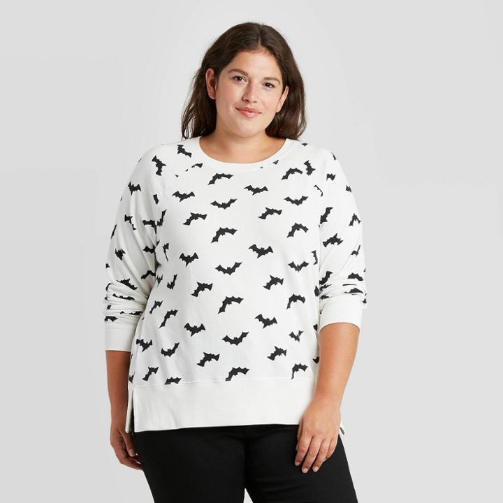 Grayson Threads Women's Plus Size Halloween Bat Graphic Pullover Sweatshirt - White