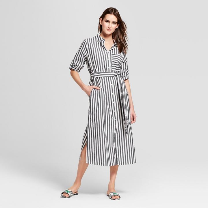 Women's Striped Long Sleeve Midi Shirt Dress - Who What Wear Black/white M, Black/white