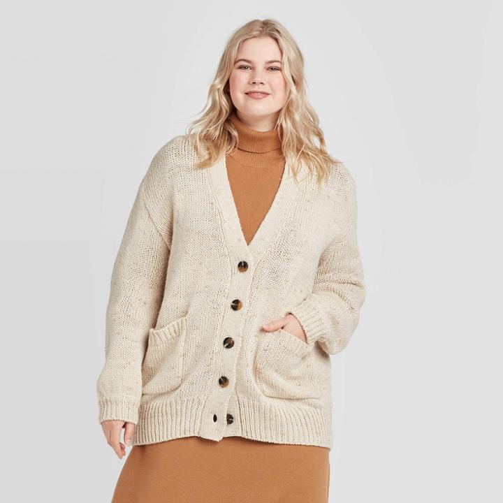 Women's Plus Size Tinsel Puff Long Sleeve Cardigan - Who What Wear Brown 1x, Women's,