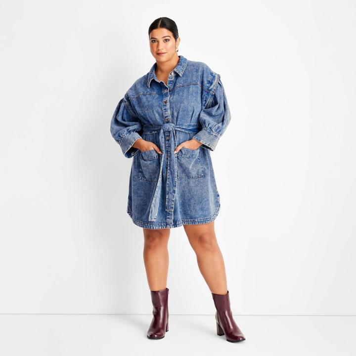 Women's Plus Size Long Sleeve Utility Denim A-line Dress - Future Collective With Kahlana Barfield Brown Blue Acid Wash Denim