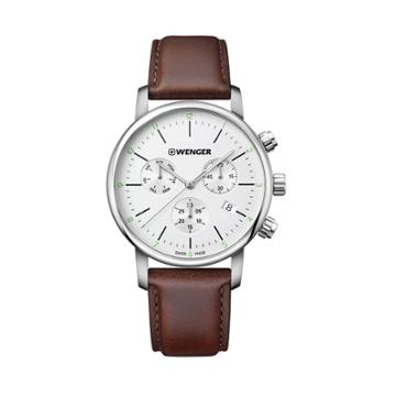 Men's Wenger Urban Classic Chrono - Swiss Made - Silver Dial Leather Strap Watch - Brown,