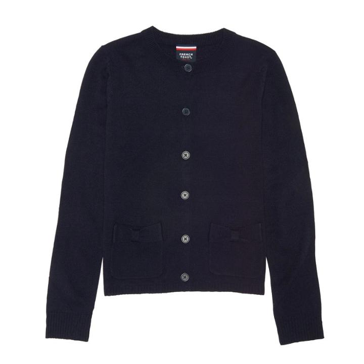 French Toast Girls' Knit Long Sleeve Bow Uniform Cardigan - Navy