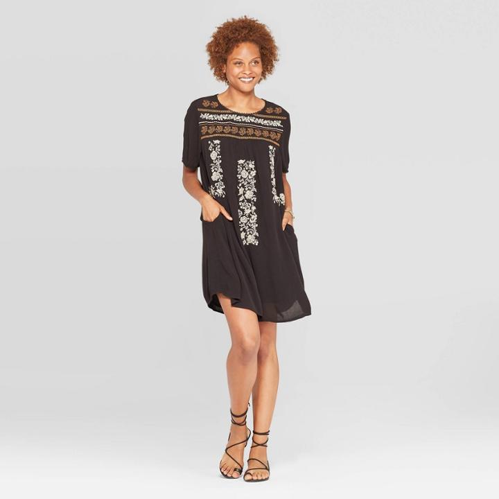 Women's Floral Print Crewneck Short Sleeve Shift Mini Gauze Dress - Knox Rose Black
