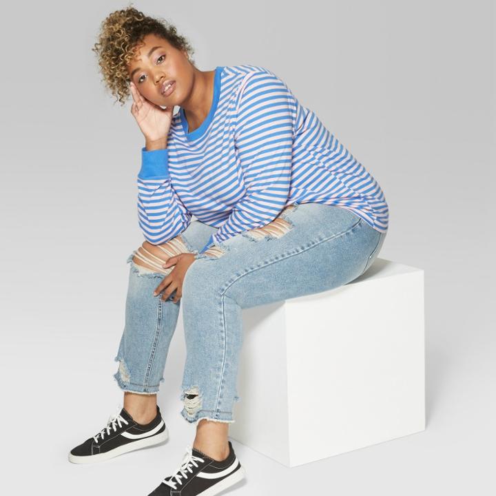 Women's Plus Size Striped Long Sleeve Oversized Crew Neck T-shirt - Wild Fable Blue
