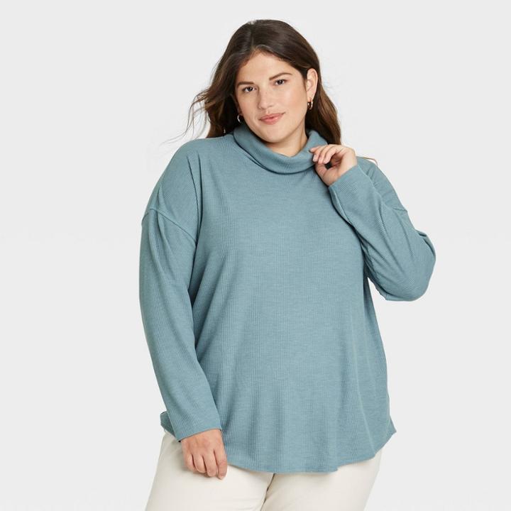 Women's Plus Size Long Sleeve Turtleneck Waffle T-shirt - A New Day Blue