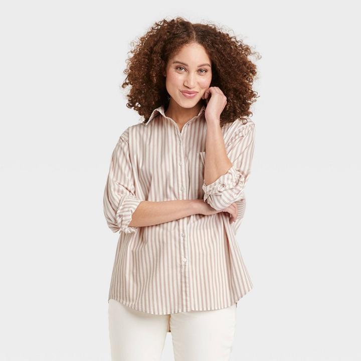 Women's Long Sleeve Button-down Boyfriend Shirt - A New Day Cream Striped Xs, Ivory