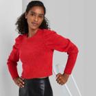 Women's Puff Sleeve Crewneck Pullover Sweater - Wild Fable Red
