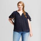 Women's Plus Size Polka Dot Short Sleeve Ruffle Blouse - Ava & Viv Navy