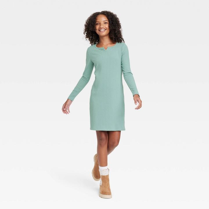 Girls' Notch Neck Long Sleeve Knit Dress - Art Class Teal Green