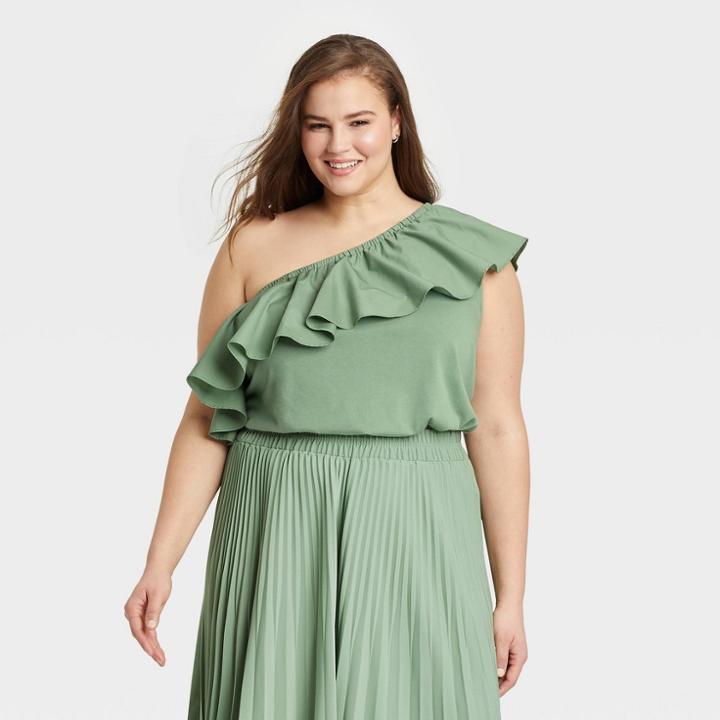 Women's Plus Size One Shoulder Ruffle Top - A New Day Olive Green