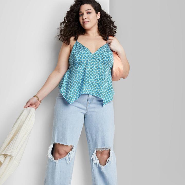 Women's Plus Size Satin Handkerchief Hem Tank Top - Wild Fable Azure Floral