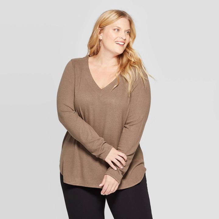 Women's Plus Size Long Sleeve V-neck Cozy Top - Ava & Viv Brown X, Women's