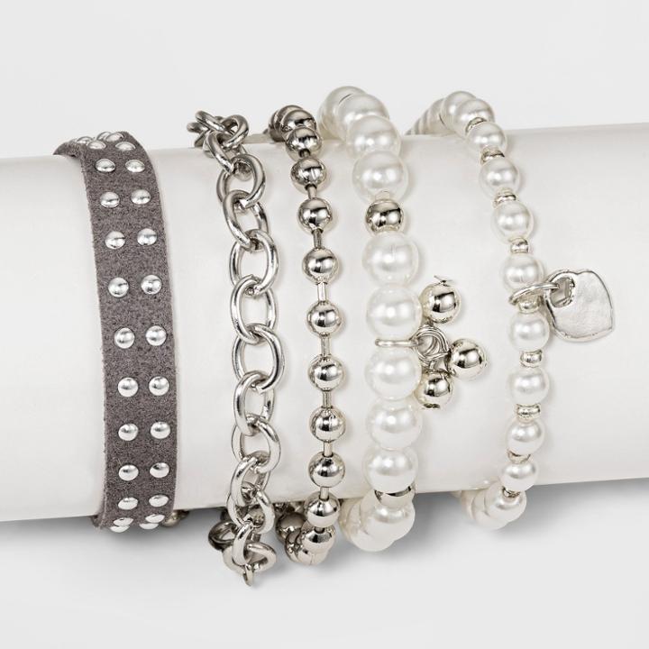 Distributed By Target Five Piece Set Simulated Pearl And Simulated Suede Bracelet - Grey, Gray