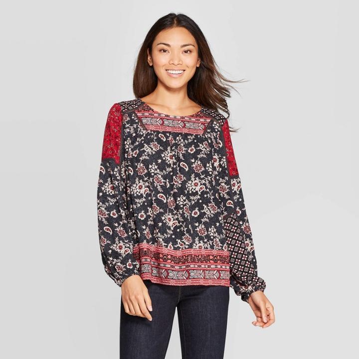 Women's Floral Paisley Print Long Sleeve Crewneck Blouse - Knox Rose Black