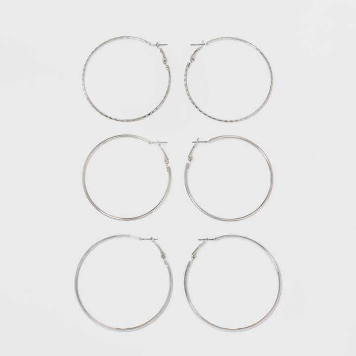 Thick, Thin And Textured Hoop Earring Set 3ct - Wild Fable Rhodium, Dark