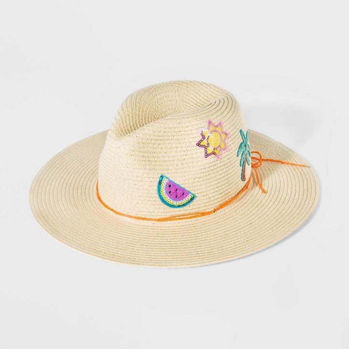 Girls' Straw Panama Hat With Patches - Cat & Jack Cream One Size, Girl's, Yellow