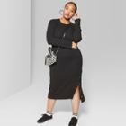 Women's Plus Size Long Sleeve Ribbed Knit Solid Midi Dress - Wild Fable Black