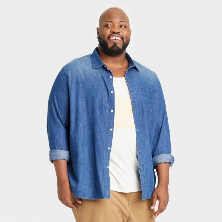 Men's Big & Tall Long Sleeve Button-down Shirt - Goodfellow & Co Blue Denim