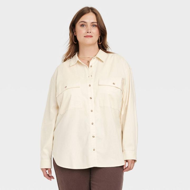 Women's Plus Size Long Sleeve Oversized Utility Button-down Shirt - Universal Thread Cream