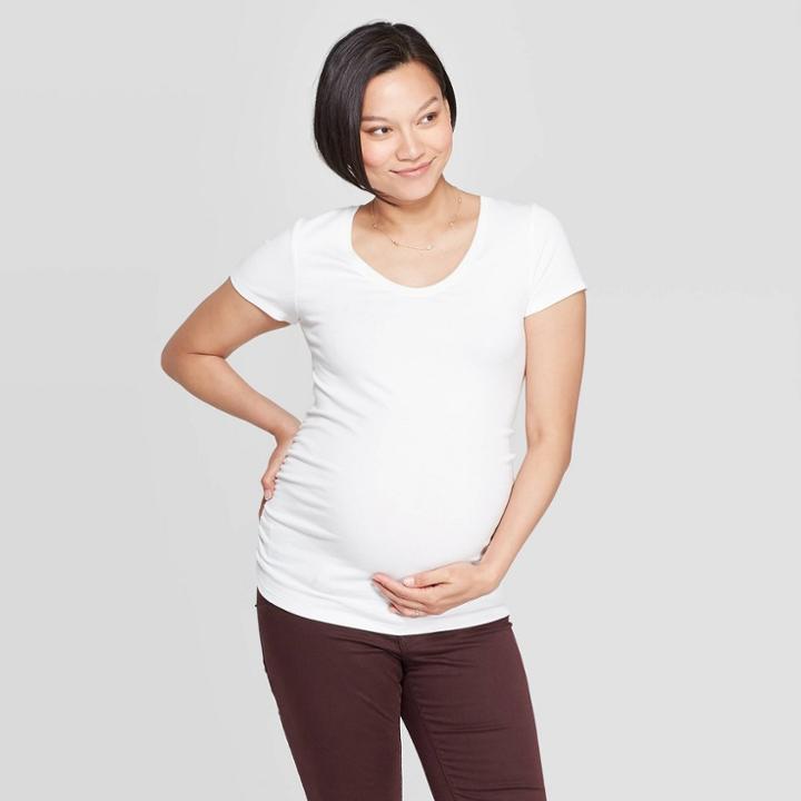 Maternity Short Sleeve Shirred Scoop Neck T-shirt - Isabel Maternity By Ingrid & Isabel White